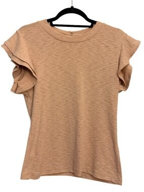 Deletta Anthropologie Double Ruffle Sleeve Thick Knit Marled Top Tan Small EUC